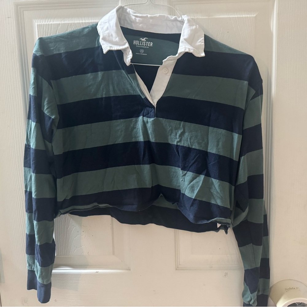 Hollister Navy and Green Striped Cropped Polo sz XS